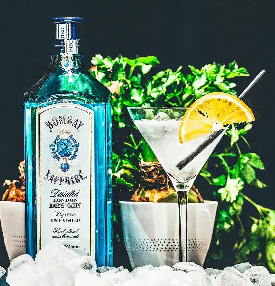 bombay sapphire boca gina sa čašom ukrašenom limunom i slamkom