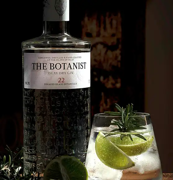boca The Botanist gina kraj koje je čaša gin tonika ukrašena limetom i grančicom ružmarina