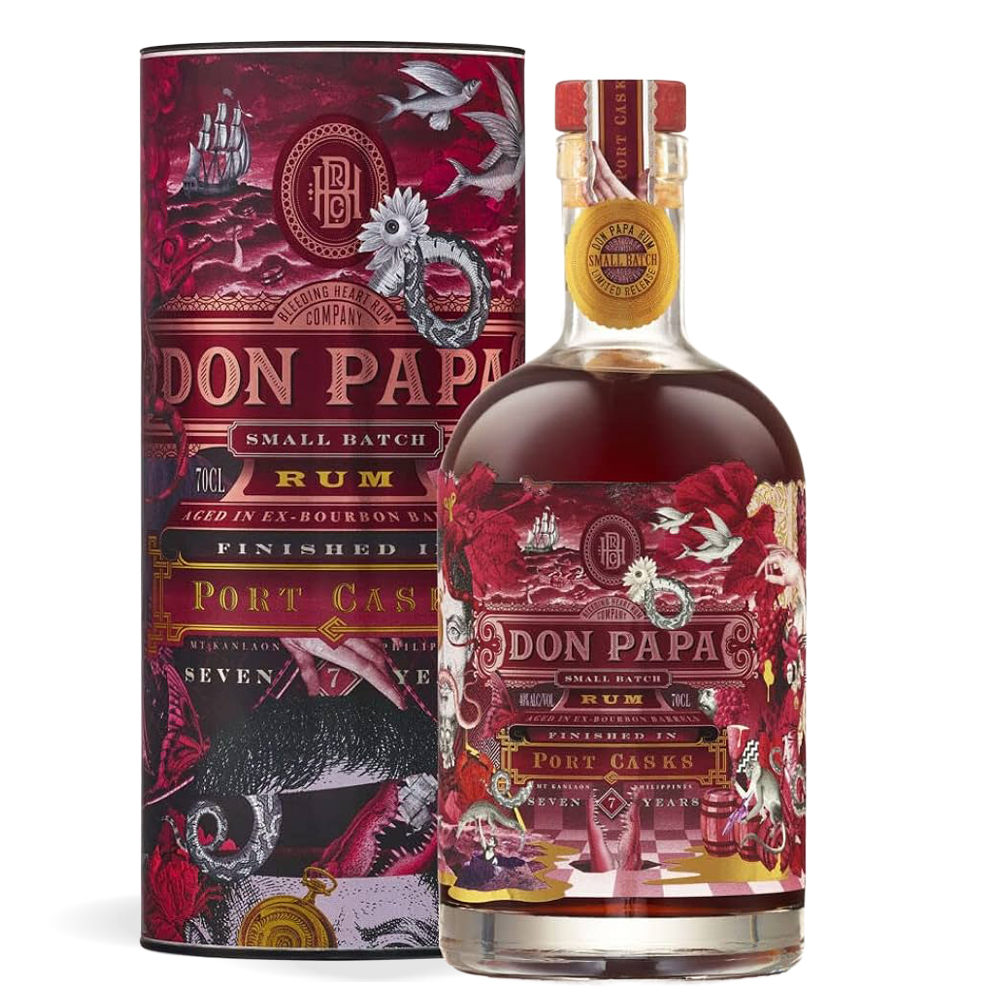 Boca Don Papa 7 Years Old Port Cask ruma s luksuznim pakiranjem i bogatim tamnim tonovima.