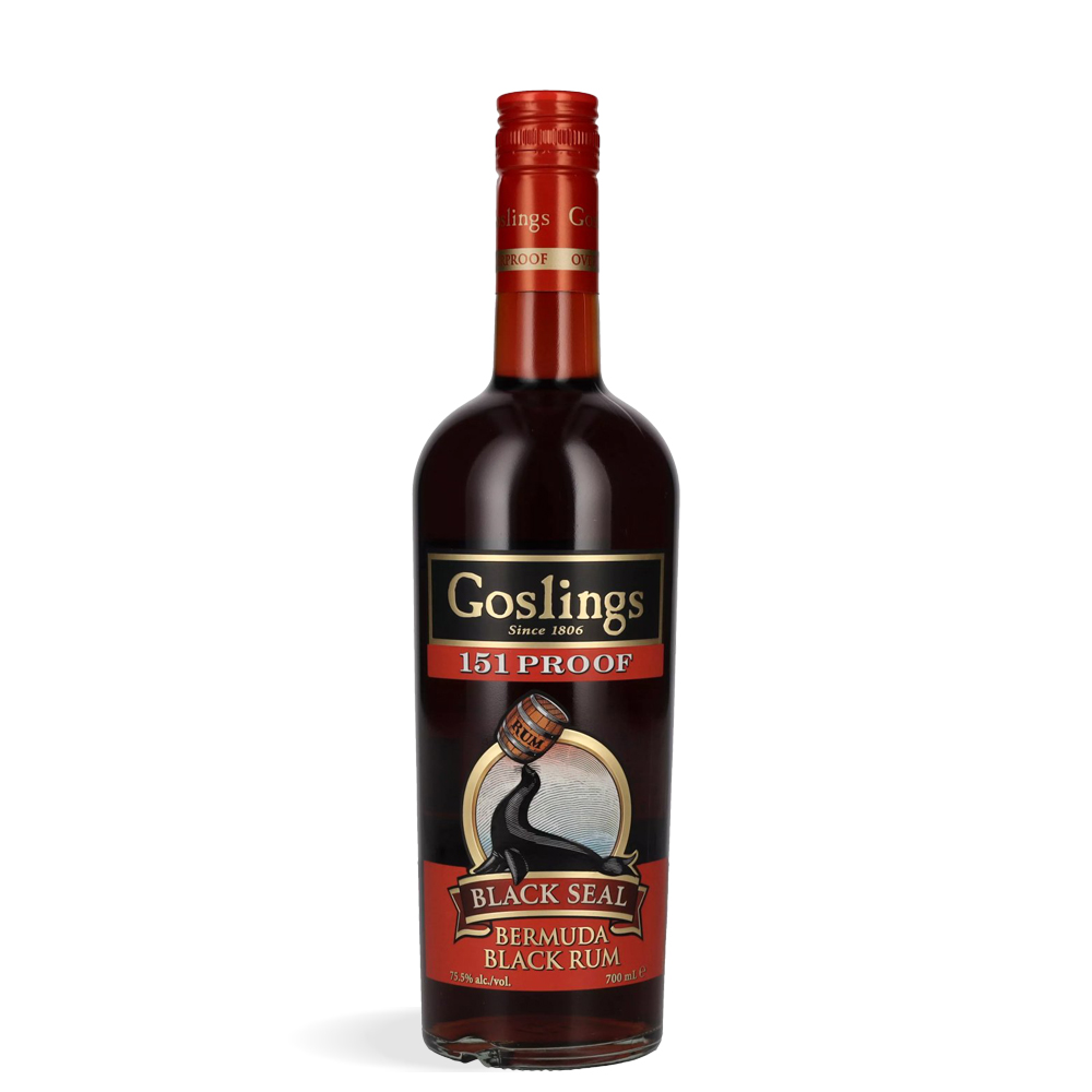 Boca tamnog Goslings Black Seal 151 PROOF ruma s crnom etiketom i crvenim detaljima, postavljena na svijetloj pozadini.