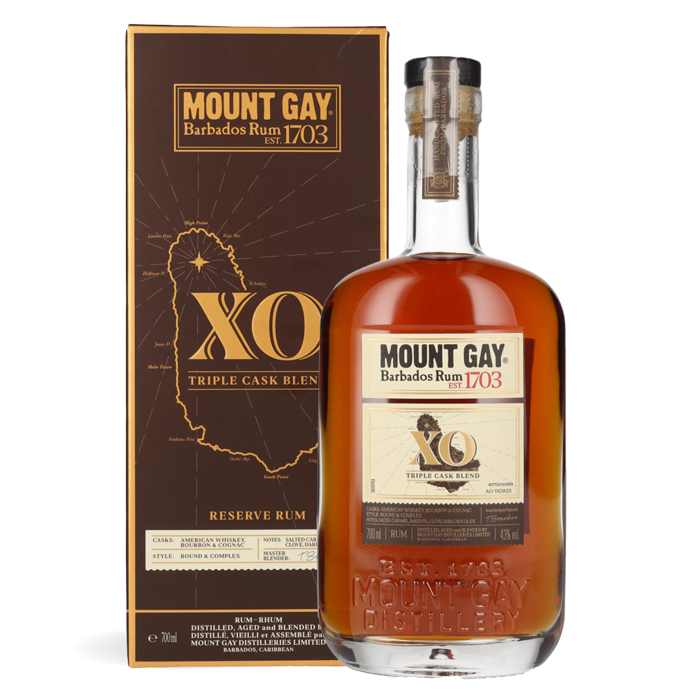 Boca Mount Gay 1703 XO Triple Cask Blend ruma s tamnom elegantnom etiketom i kutijom