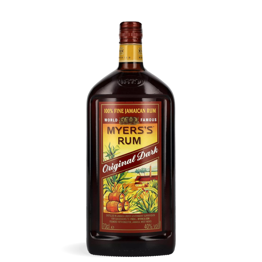 Staklena boca Myers's Rum Original Dark s bogatom tamnom tekućinom i prepoznatljivom etiketom s motivima jamajke.