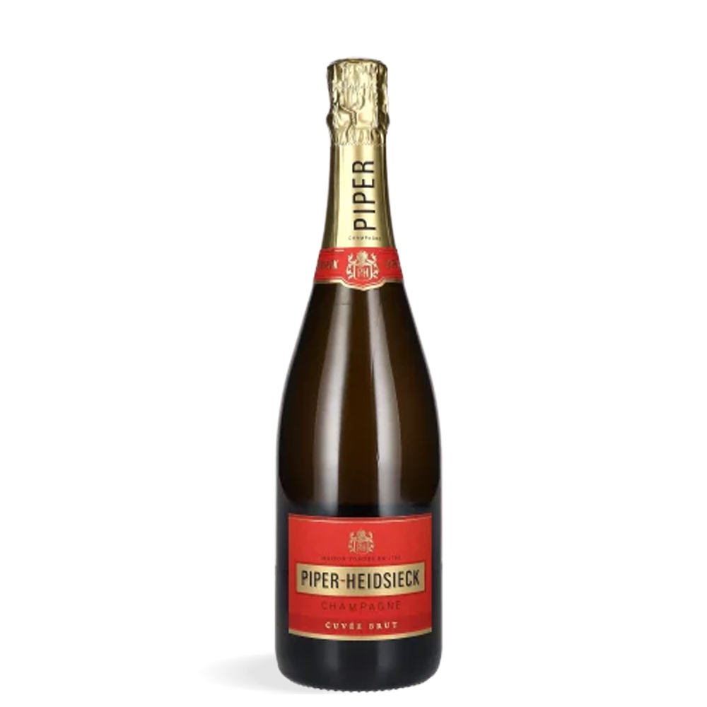 slika staklene boce šampanjca PIPER-HEIDSIECK CUVEE BRUT CHAMPAGNE sa crveno-zlatnom etiketom