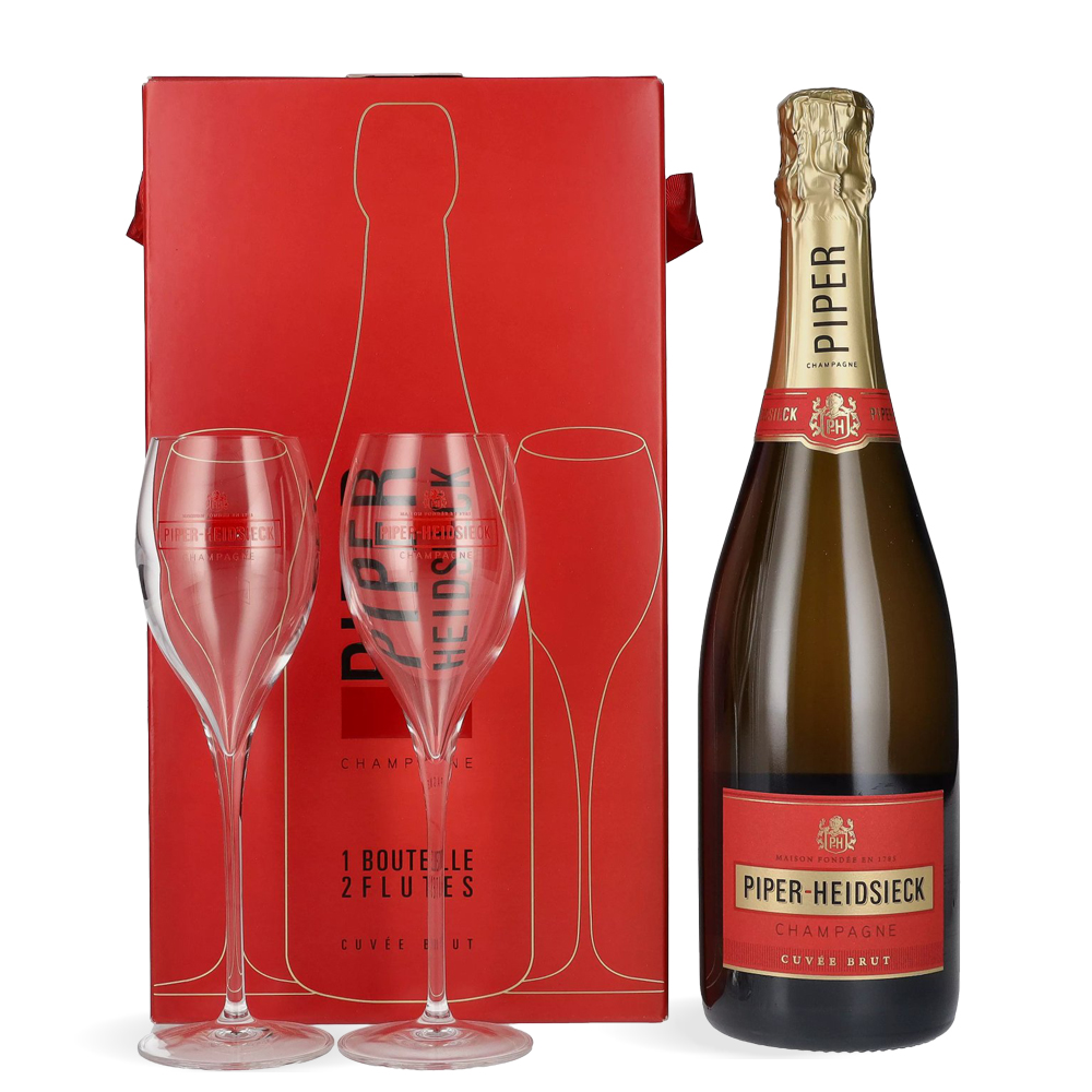 Boca Piper-Heidsieck šampanjca s dvije čaše u luksuznoj poklon-kutiji na svijetloj pozadini.