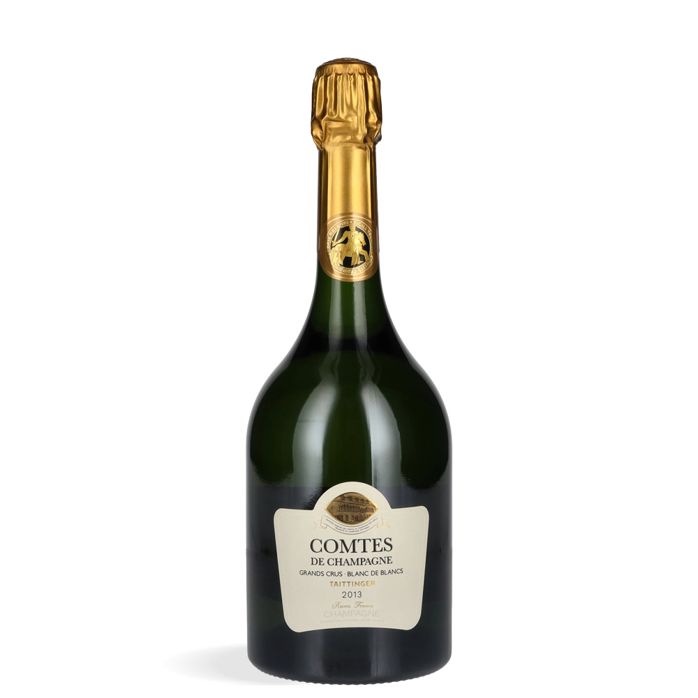 Staklena boca Taittinger Comtes de Champagne Blanc de Blancs Brut 2013 na svijetloj podlozi