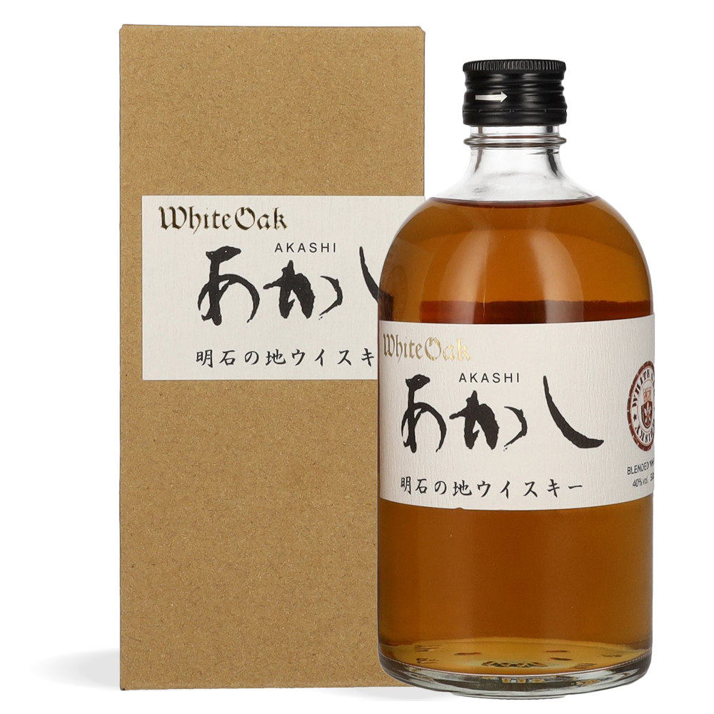 Boca japanskog viskija White Oak AKASHI Blended 0,5L s elegantnom etiketom i kutijom