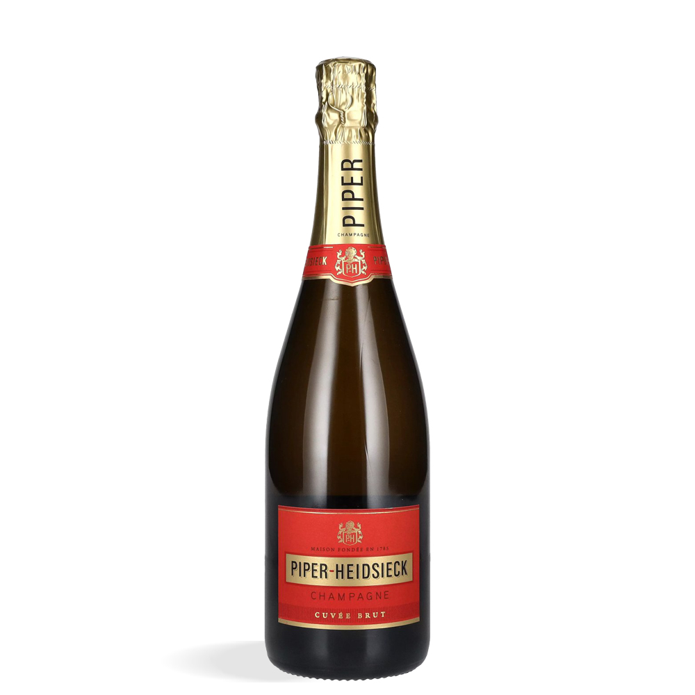 slika staklene boce šampanjca PIPER-HEIDSIECK CUVEE BRUT CHAMPAGNE sa crveno-zlatnom etiketom