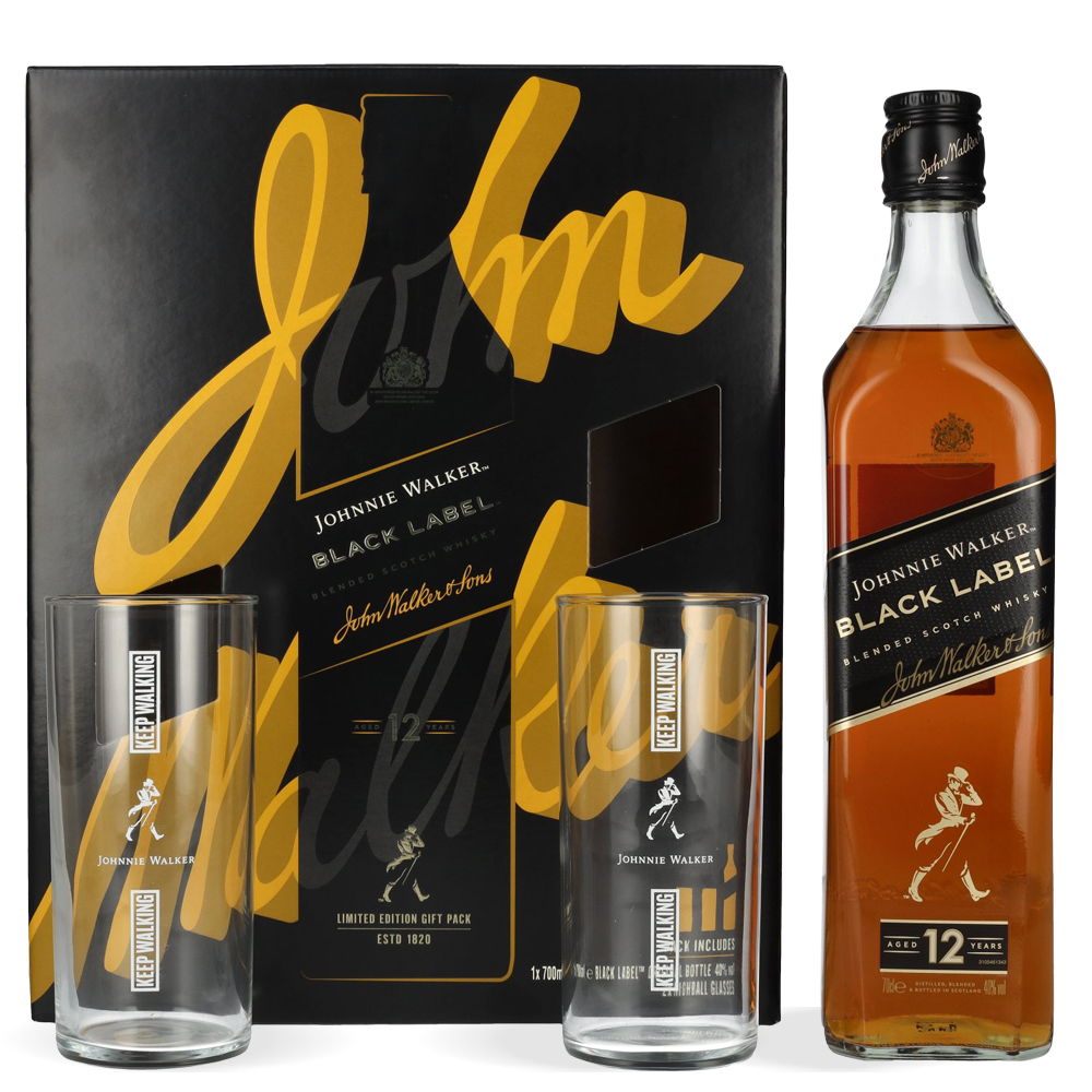 Poklon set Johnnie Walker Black Label Whisky s bocom od 0,7 l i dvije čaše u crnom pakiranju
