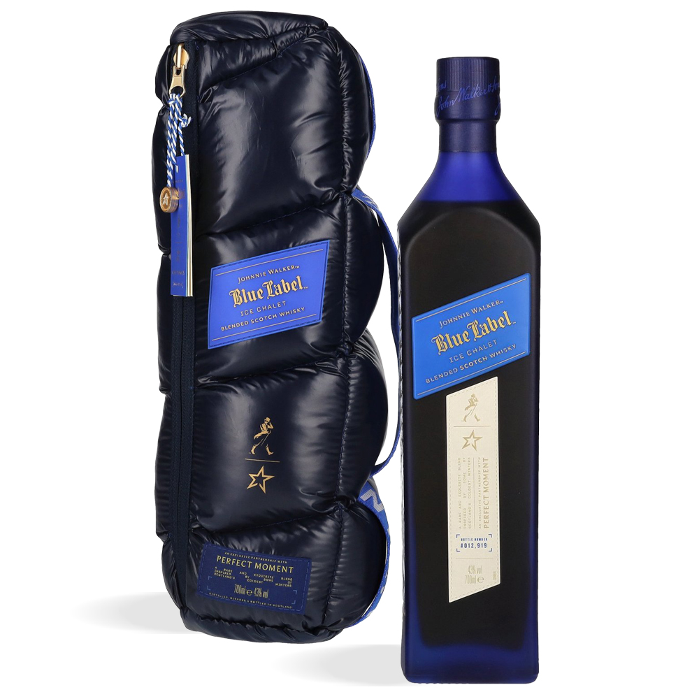 Boca Johnnie Walker Blue Label Ice Chalet u luksuznoj reverzibilnoj plavoj torbici s uzorkom Perfect Moment