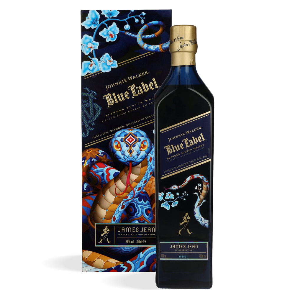 Boca Johnnie Walker Blue Label Year of the Snake 2025 ukrašena umjetničkim dizajnom Jamesa Jeana u luksuznoj poklon kutiji