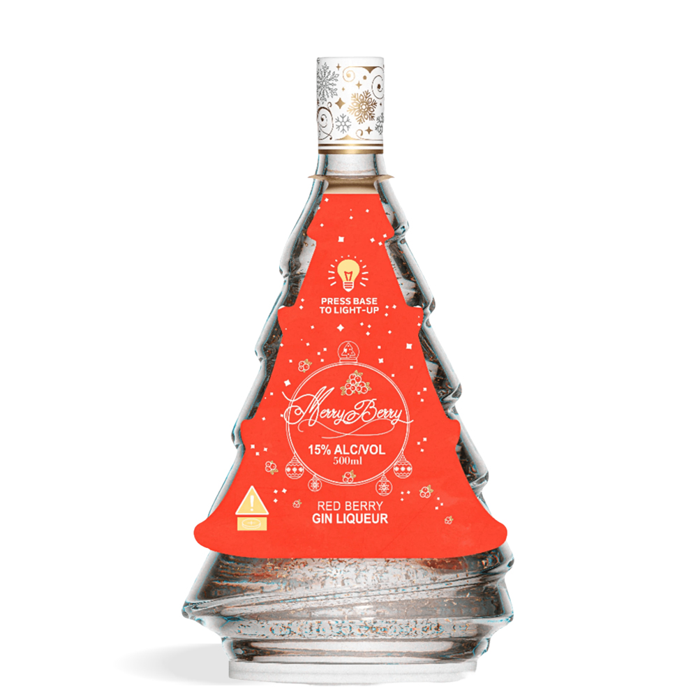 Boca Merry Berry Christmas Tree Liqueur od 0,5 l u obliku božićnog drvca sa zlatnim listićima i svjetlećim dekorom