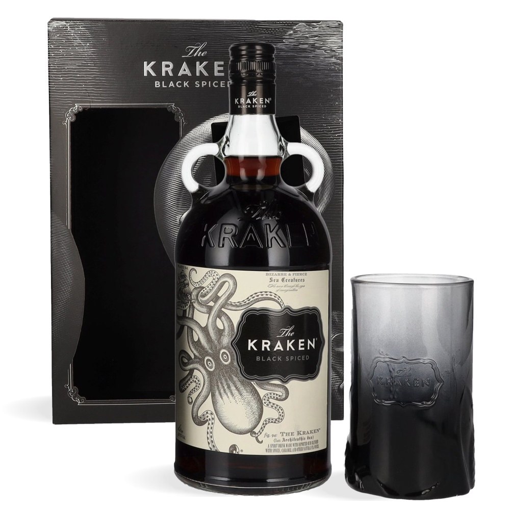 Boca The Kraken Black Spiced Rum 1l u crnoj boci s priloženom čašom u poklon kutiji