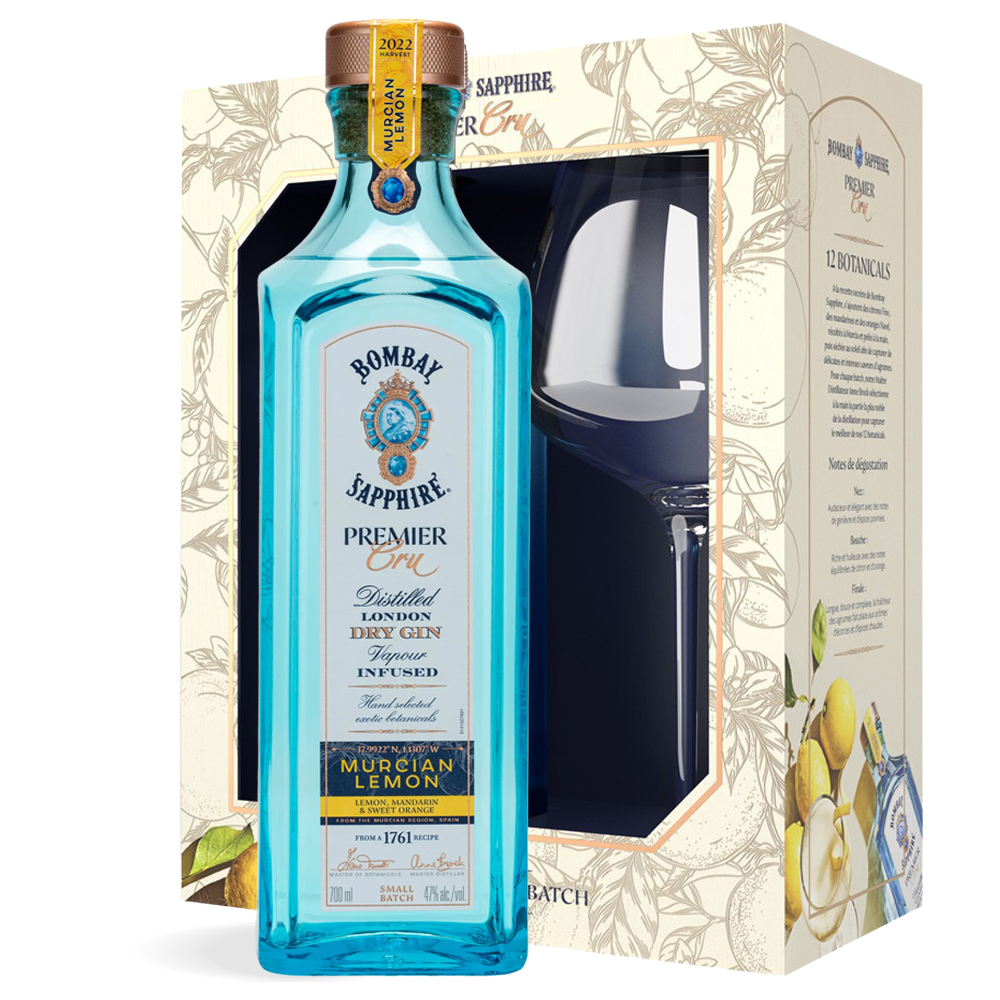 Bombay Sapphire Premier Cru Murcian Lemon Gin 0,7 L u plavoj boci s poklon kutijom i elegantnom čašom za gin tonic.