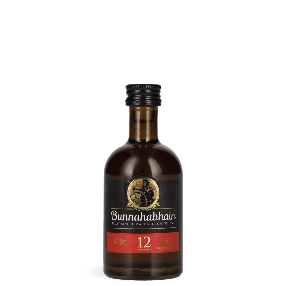 Boca Bunnahabhain 12 Years Old Islay Single Malt Scotch Whisky minijatura 50 ml u elegantnom tamnom pakiranju s klasičnom etiketom destilerije