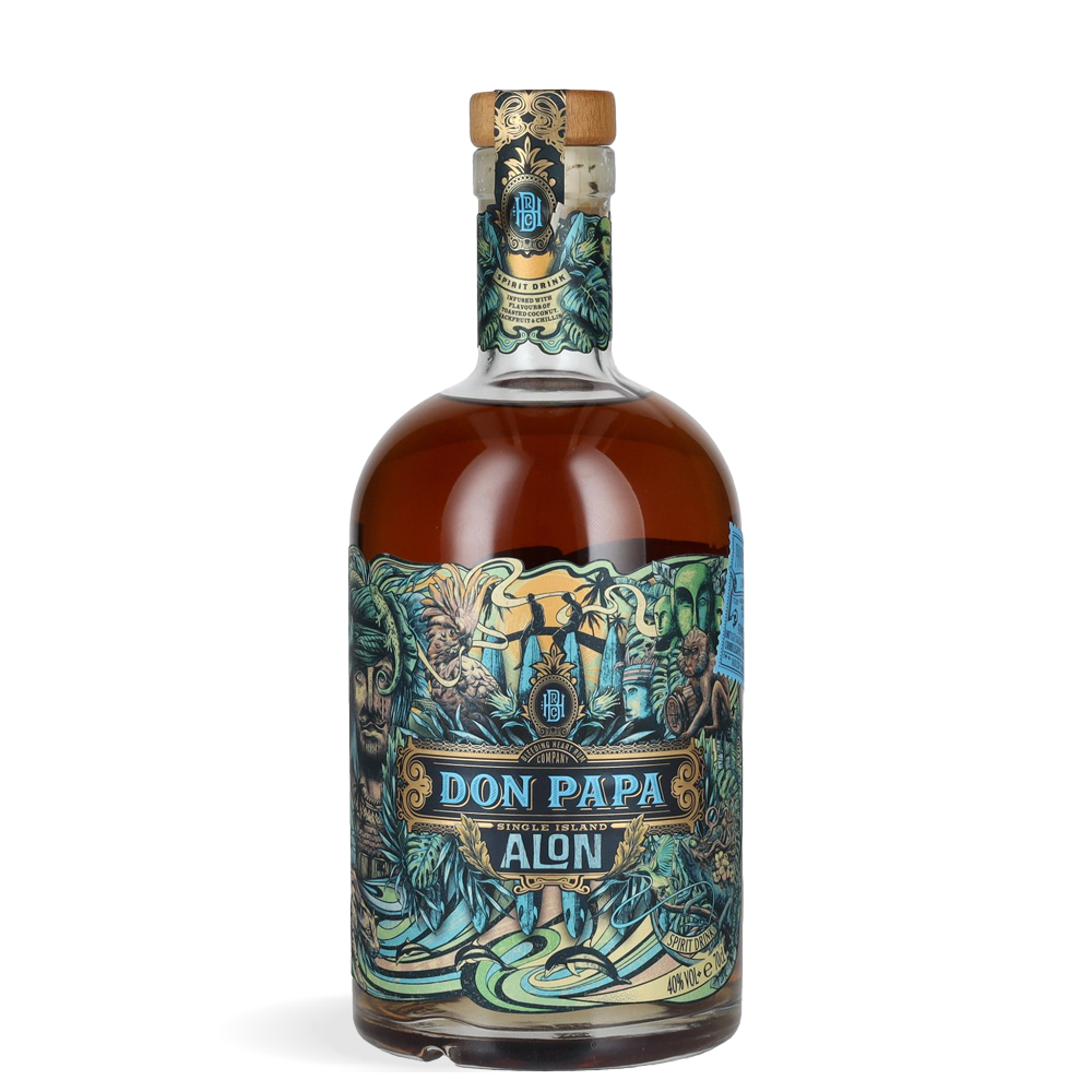 Don Papa Alon Rum 0,7 L prikazan uz elegantnu kutiju tropskog dizajna u toplim zlatnim i morskim tonovima.