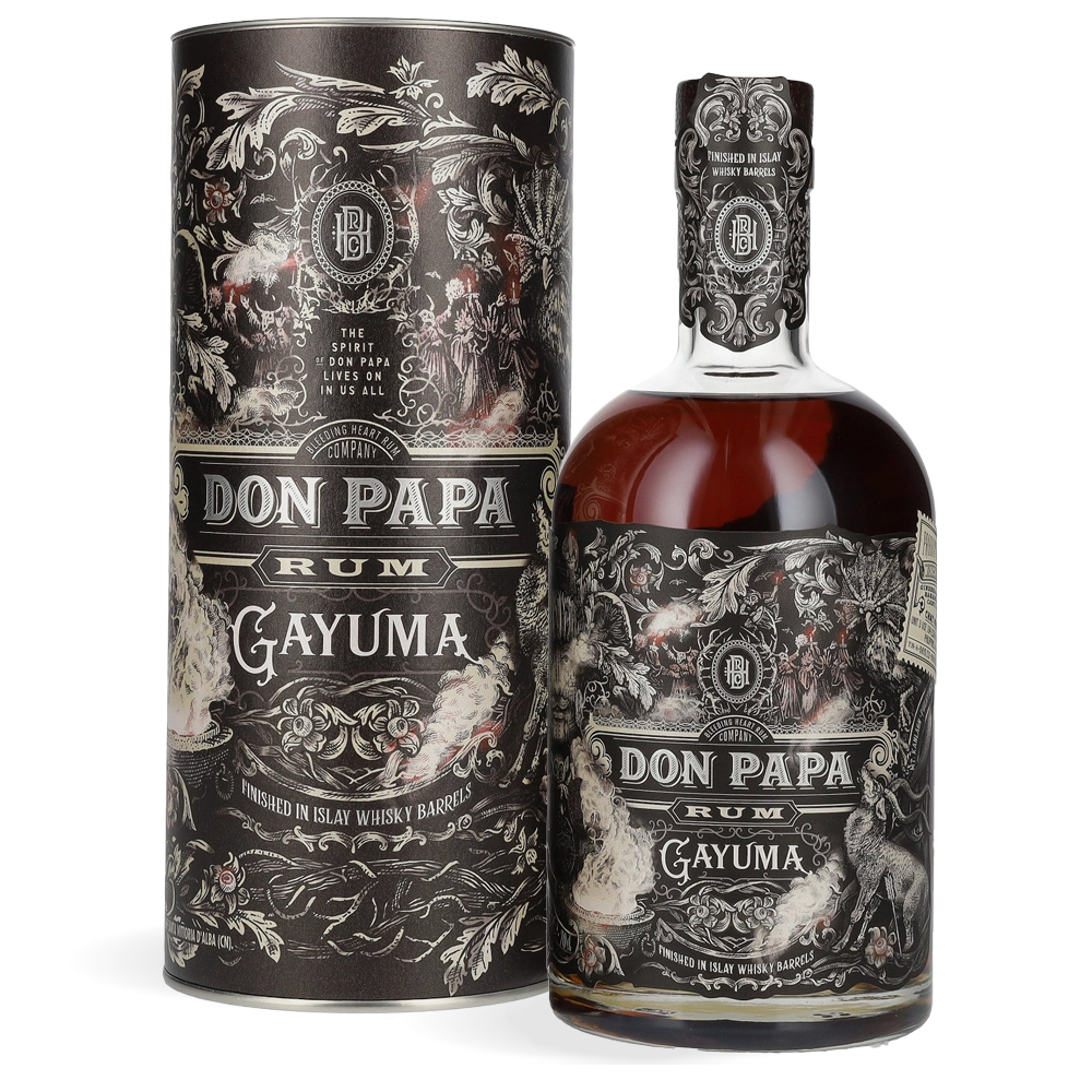 Don Papa Gayuma Rum 0,7 L prikazan uz elegantnu kutiju s mističnim vulkanskim motivima koja odražava priču otoka Negros.