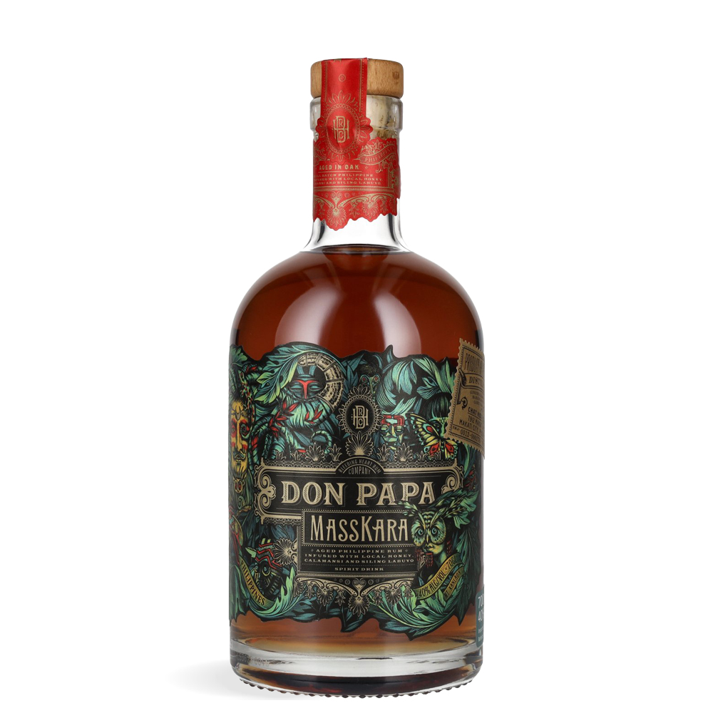 Boca Don Papa Masskara Rum 0,7 L s tropskim uzorcima i vibrantnim bojama koje simboliziraju festival Masskara.