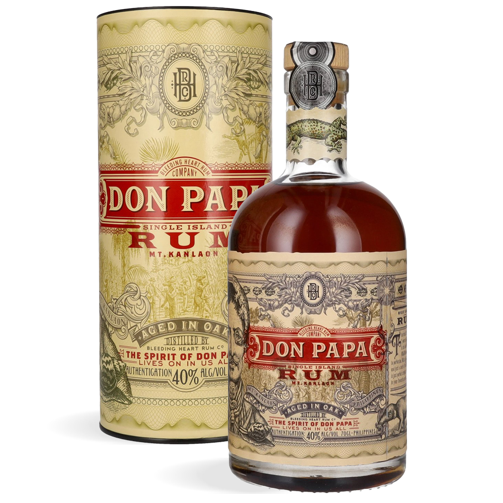 Don Papa Single Island Rum 0,7 L u elegantnoj boci s ilustracijama tropske prirode i luksuznom poklon kutijom.
