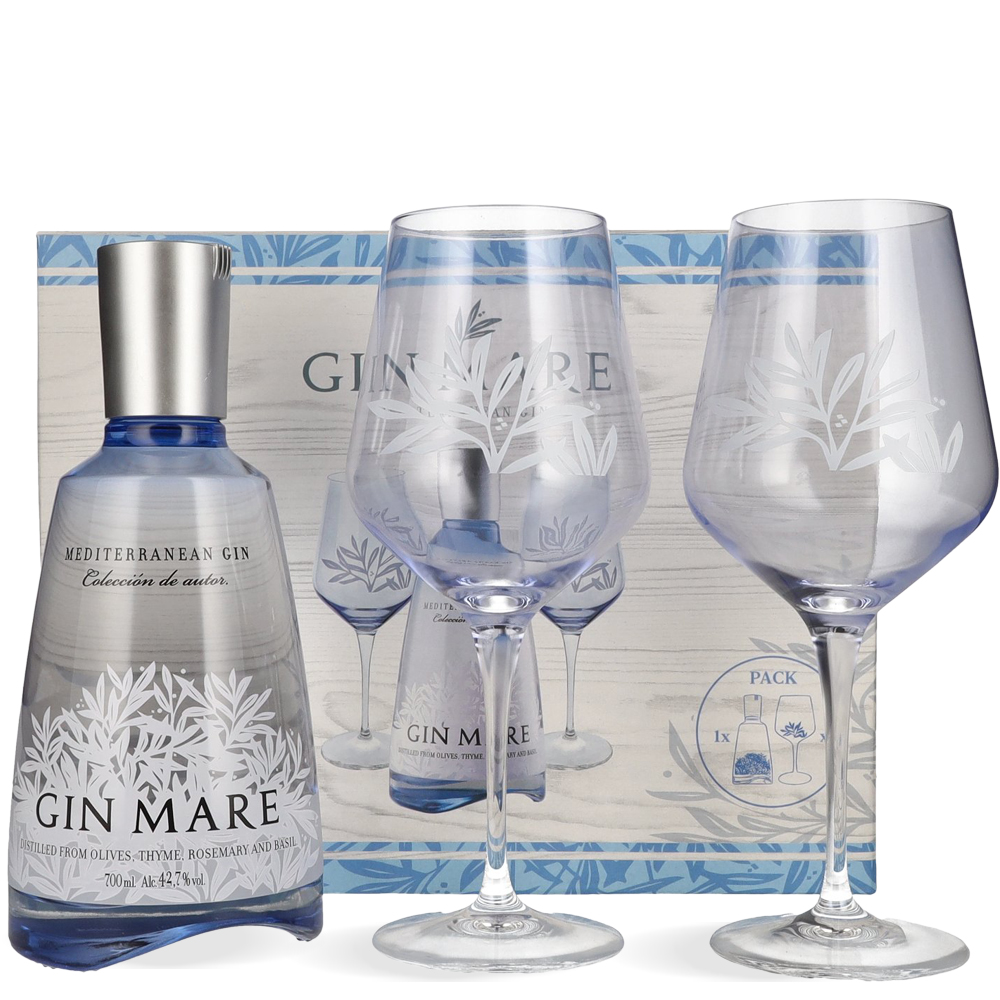 Gin Mare Mediterranean Gin 0,7 L u elegantnoj plavoj boci s luksuznom poklon kutijom i dvije staklene čaše za gin tonic.