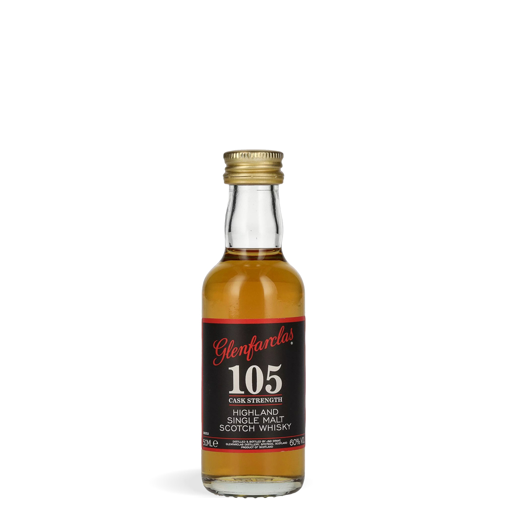 Boca Glenfarclas 105 Cask Strength Single Malt Scotch Whisky minijatura 50 ml u elegantnom tamnom pakiranju s prepoznatljivom crnom etiketom i zlatnim detaljima