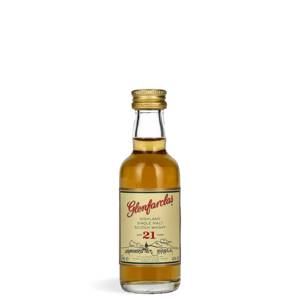 Boca Glenfarclas 21 Years Old Single Malt Scotch Whisky minijatura 50 ml u prepoznatljivoj tamnoj boji s elegantnom etiketom destilerije Glenfarclas