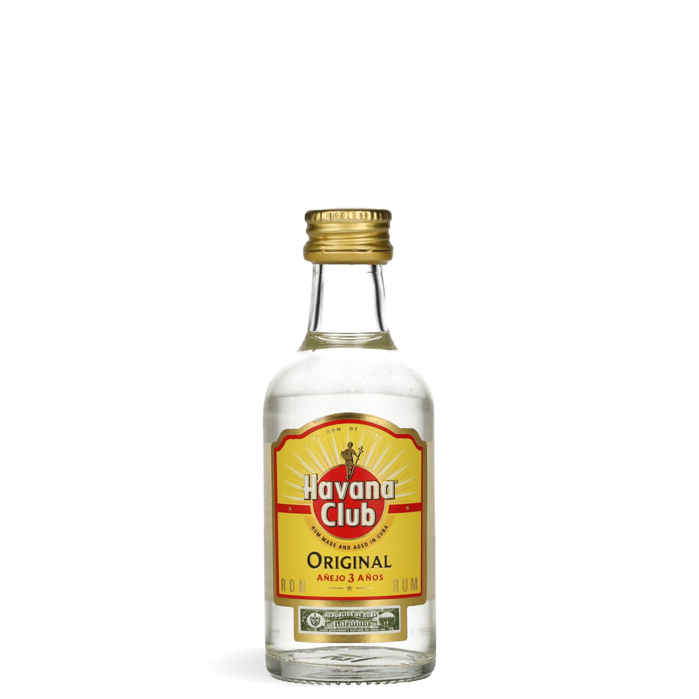 Havana Club Añejo 3 Años Rum minijatura od 0,05 L s klasičnom zlatno bijelom etiketom i elegantnim izgledom kubanskog stila.
