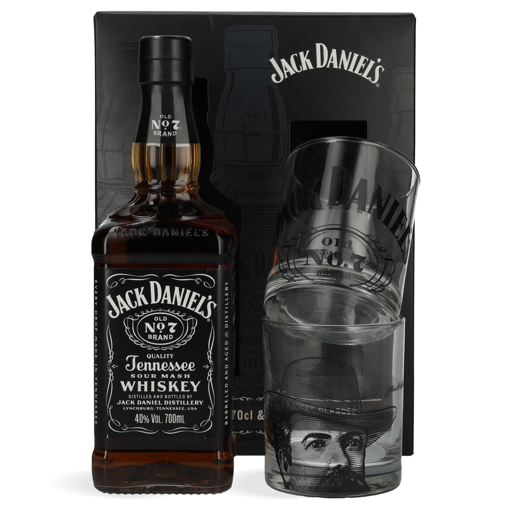Boca Jack Daniel’s Tennessee Whiskey 0,7l u poklon pakiranju s dvije elegantne staklene čaše i prepoznatljivim logotipom brenda, savršena za darivanje.