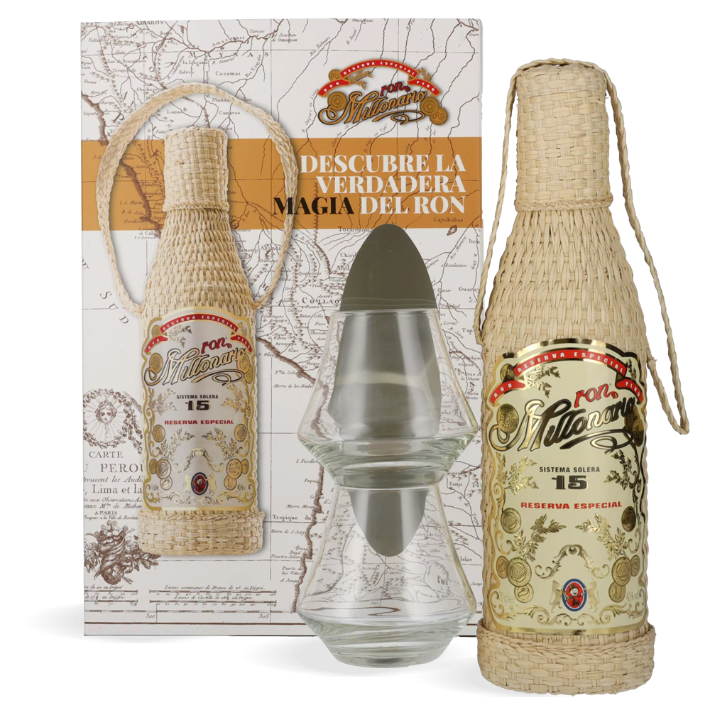Ron Millonario 15 Solera Reserva Especial 0,7 L prikazan uz dvije elegantne čaše u luksuznoj poklon kutiji s bogatim zlatnim detaljima.