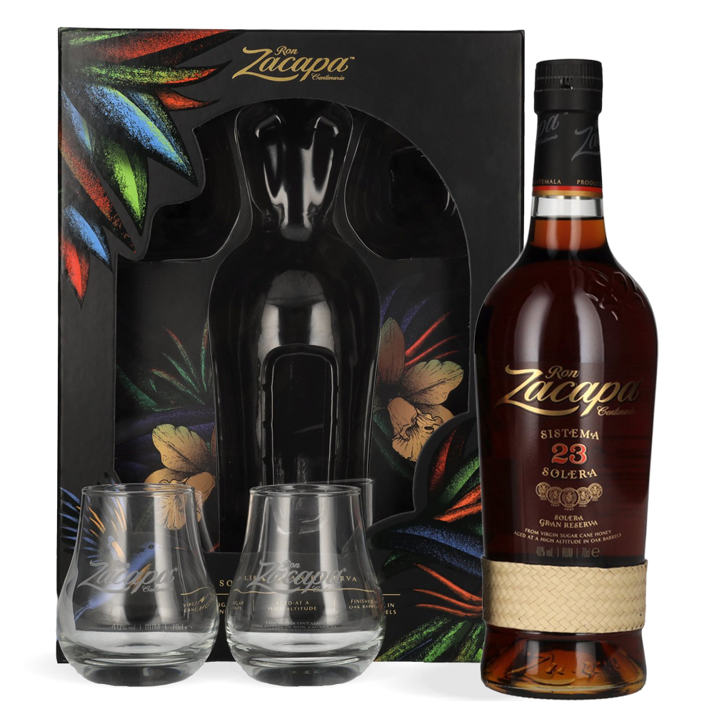 Ron Zacapa Centenario 23 Sistema Solera Gran Reserva Limited Edition 0,7 L prikazan uz luksuznu kutiju tamnih tonova koja odražava guatemalsku tradiciju i profinjenu eleganciju.