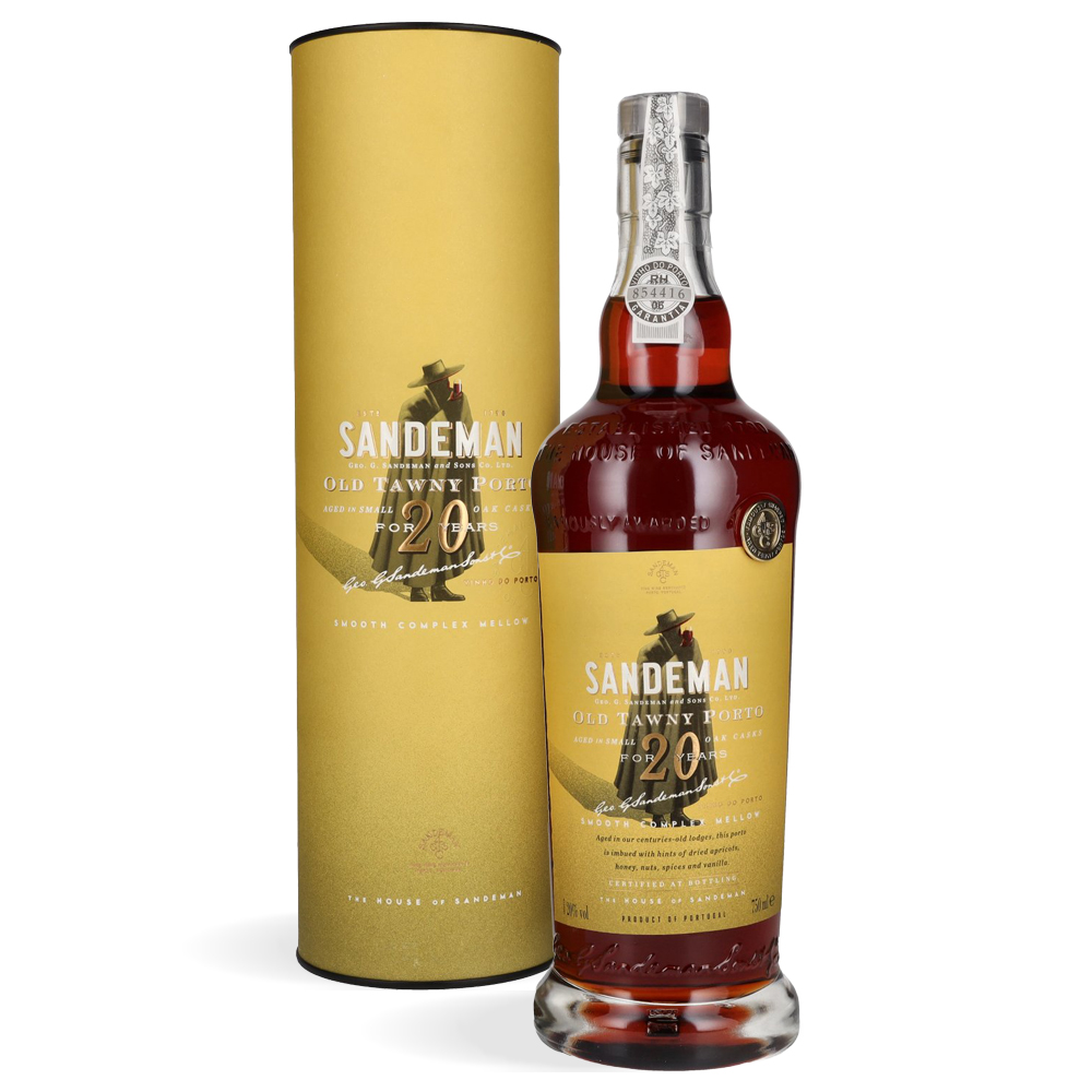 Sandeman 20 Years Old Tawny Porto 0,75 L u elegantnoj tamnoj boci s prepoznatljivim zlatnim detaljima, smještenoj u profinjenoj kutiji boje karamele.