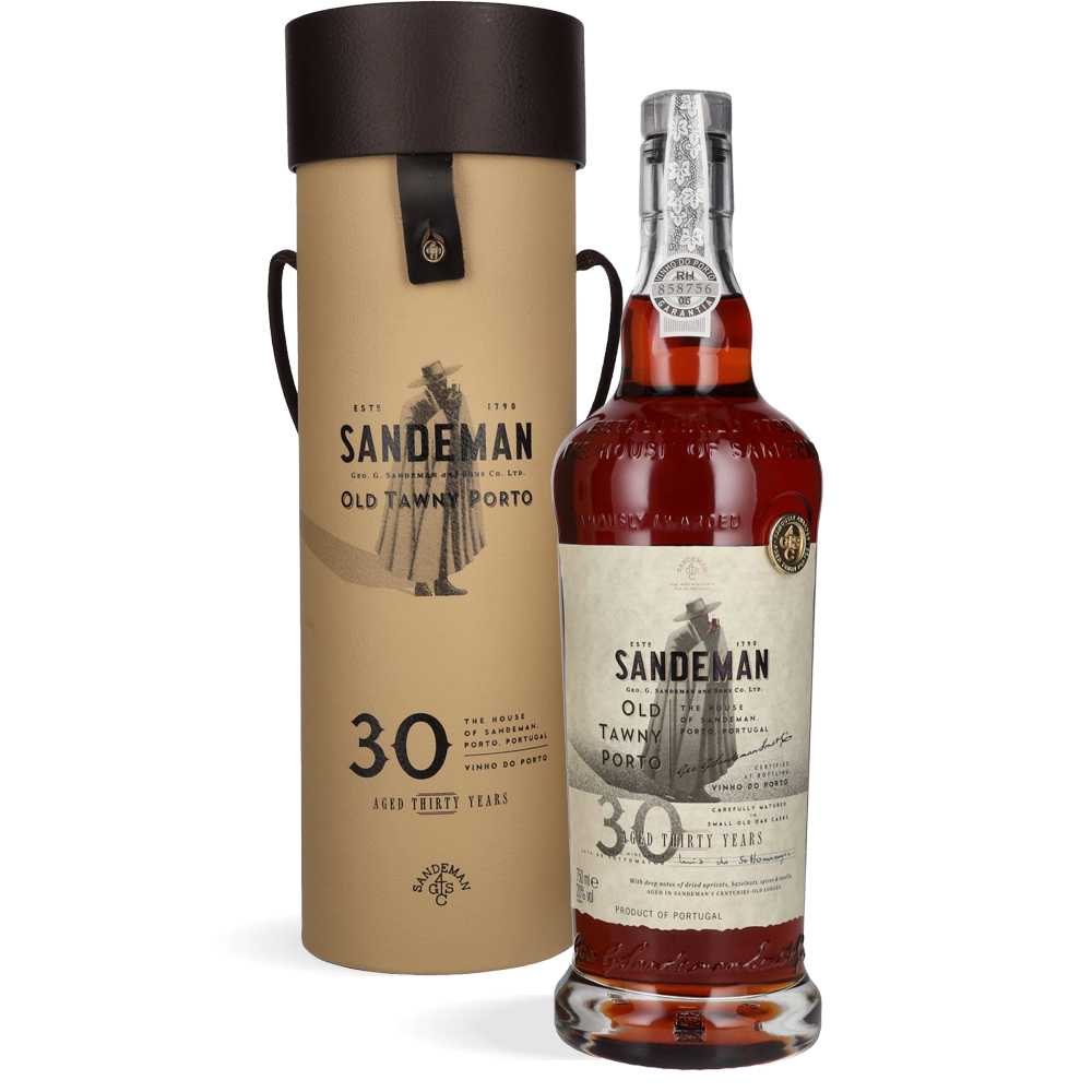 Sandeman 30 Years Old Tawny Porto 0,75 L u profinjenoj tamnoj boci s elegantnom etiketom i zlatnim slovima, smještenoj u luksuznoj kožnoj kutiji