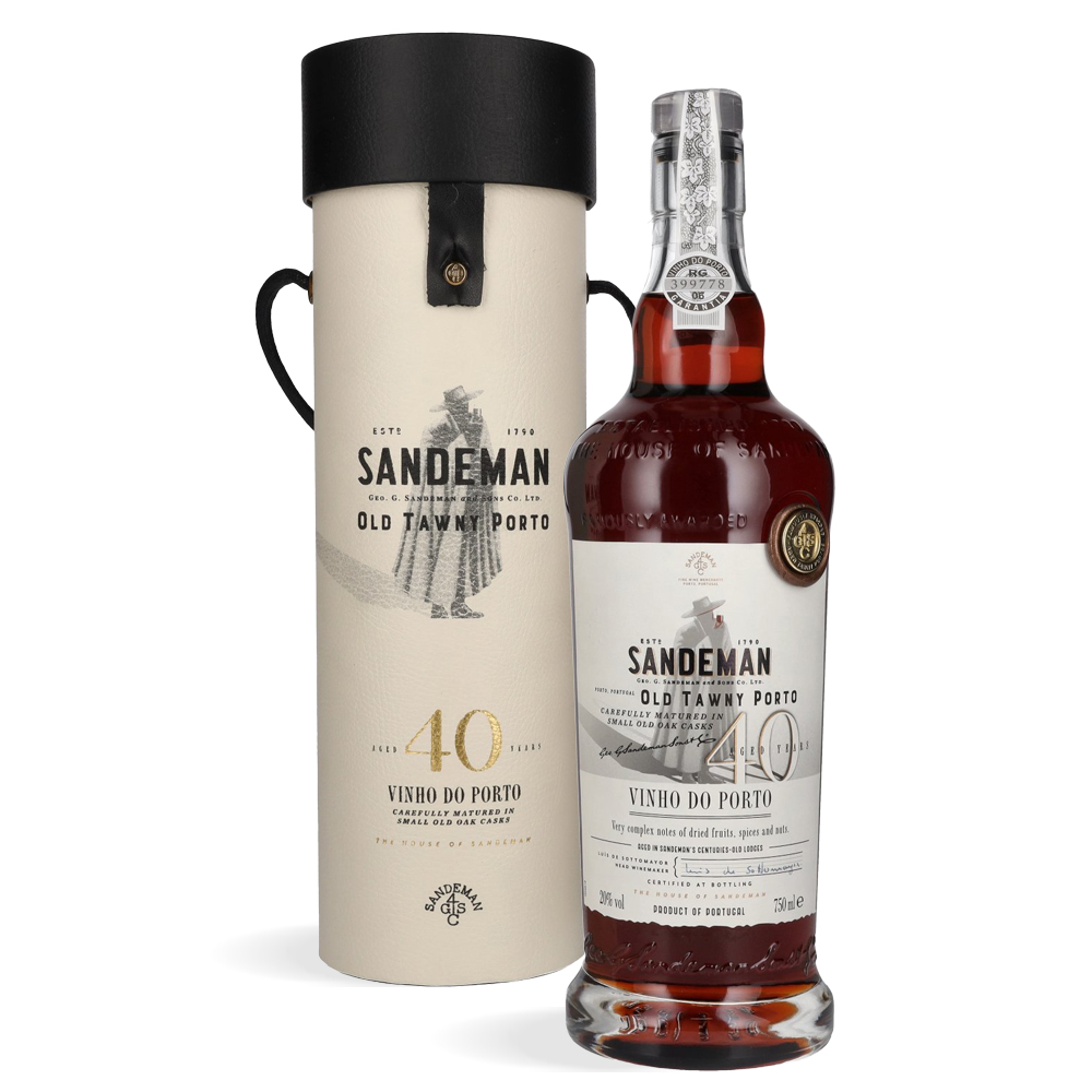 Sandeman 40 Years Old Tawny Porto 0,75 L u luksuznoj tamnoj boci s elegantnom zlatnom etiketom, smještenoj u raskošnoj kožnoj kutiji