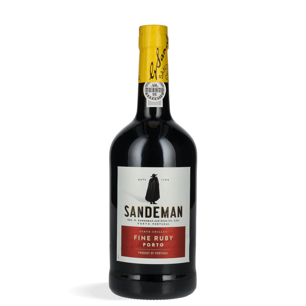 Sandeman Fine Ruby Porto 0,75 L u elegantnoj tamnoj boci s crvenim detaljima i zlatnim logom Don Sandeman