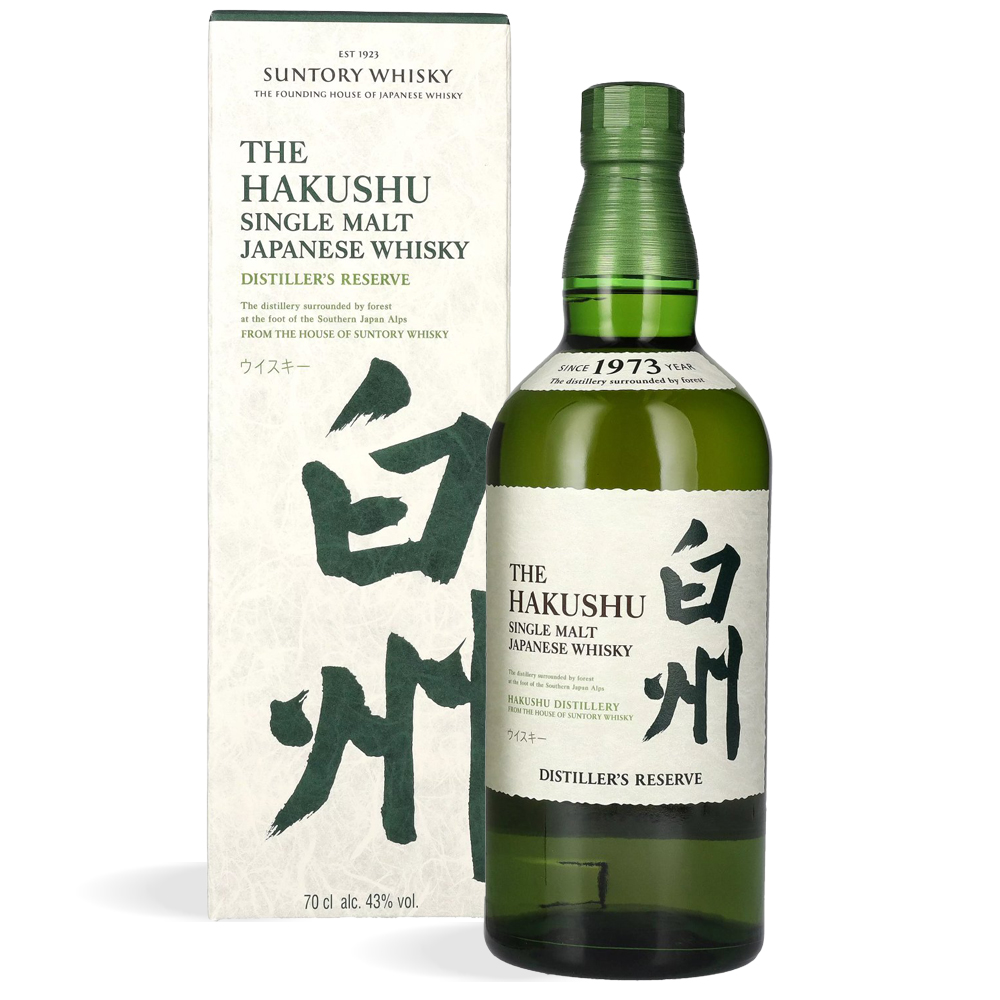 Boca The Hakushu Distiller’s Reserve Suntory Japanese Whisky s karakterističnim zelenim tonom i elegantnim japanskim dizajnom
