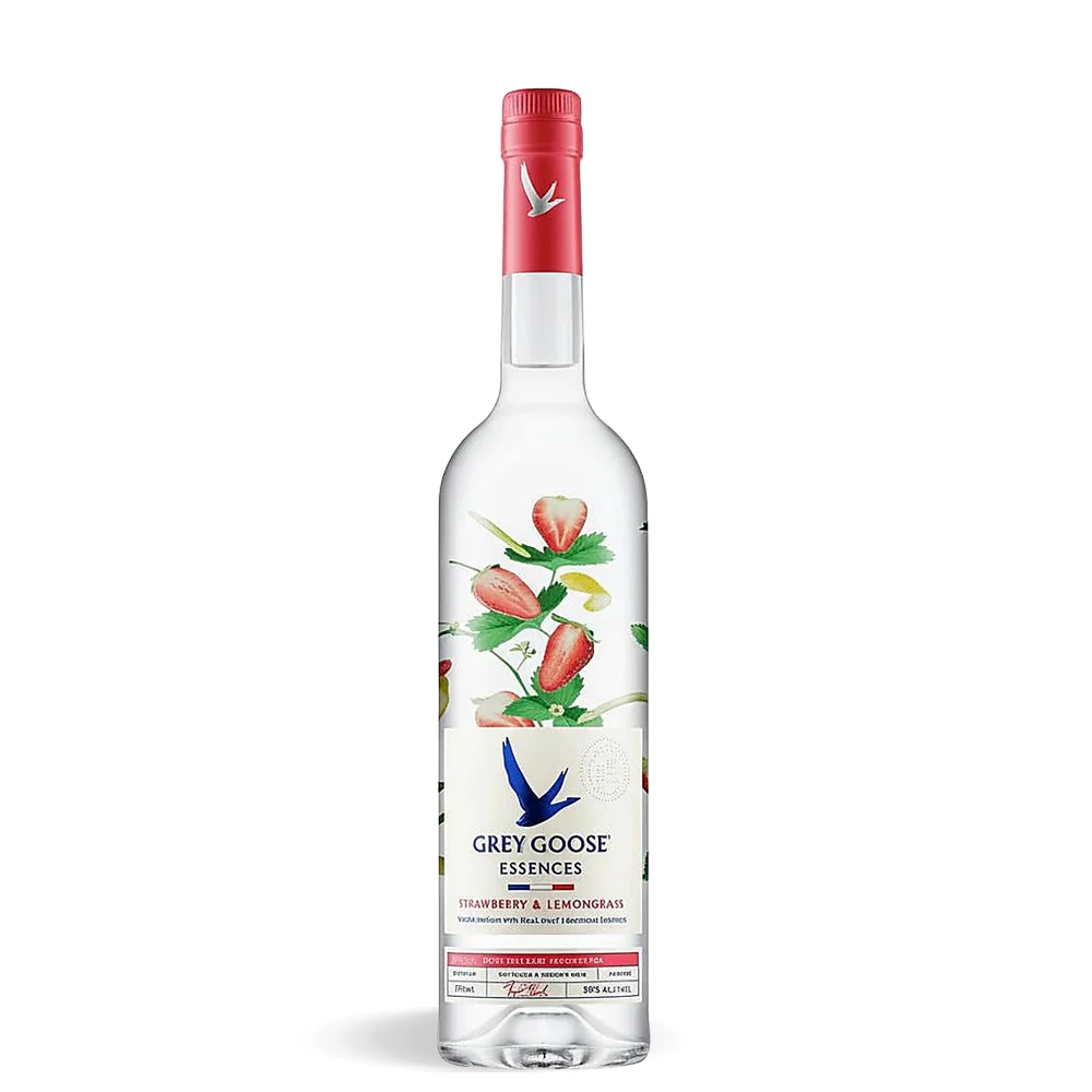 Elegantna boca Grey Goose Essences Strawberry and Lemongrass vodke 0,7 l s voćnim i botaničkim dizajnom.