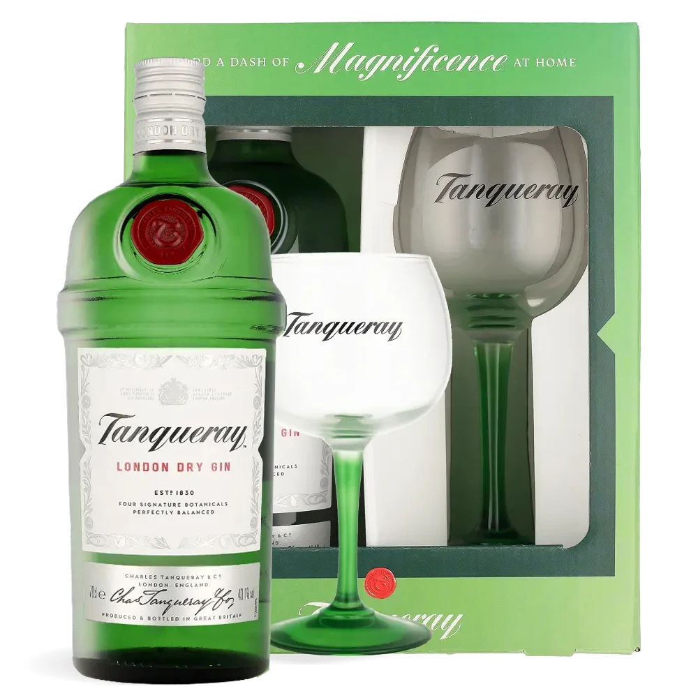 Tanqueray London Dry Gin 0,7 L s elegantnom copa čašom prikazan u poklon pakiranju.