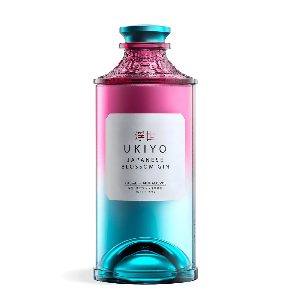 Ukiyo Japanese Blossom Gin 0,7 L prikazan u elegantnoj ružičastoj boci inspiriranoj cvijetom trešnje.