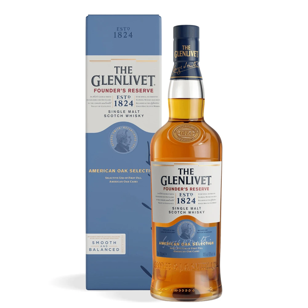 Boca The Glenlivet Founder’s Reserve Single Malt Scotch Whisky 0,7 l prikazana uz kutiju u svijetloplavom dizajnu.