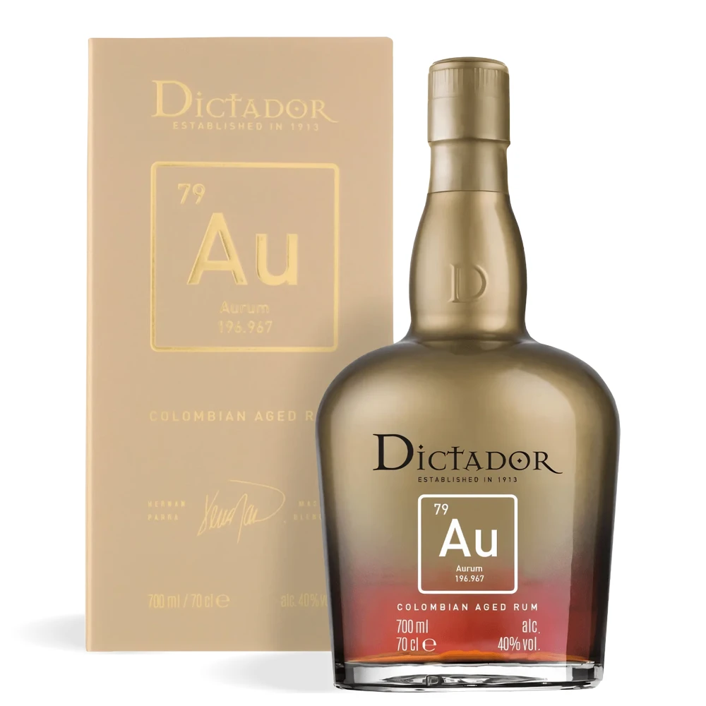 Dictador Aurum Colombian Aged Rum 0,7 L u elegantnoj prozirnoj boci s toplim zlatnim tonovima i profinjenim etiketnim detaljima te elegantnom poklon kutijom