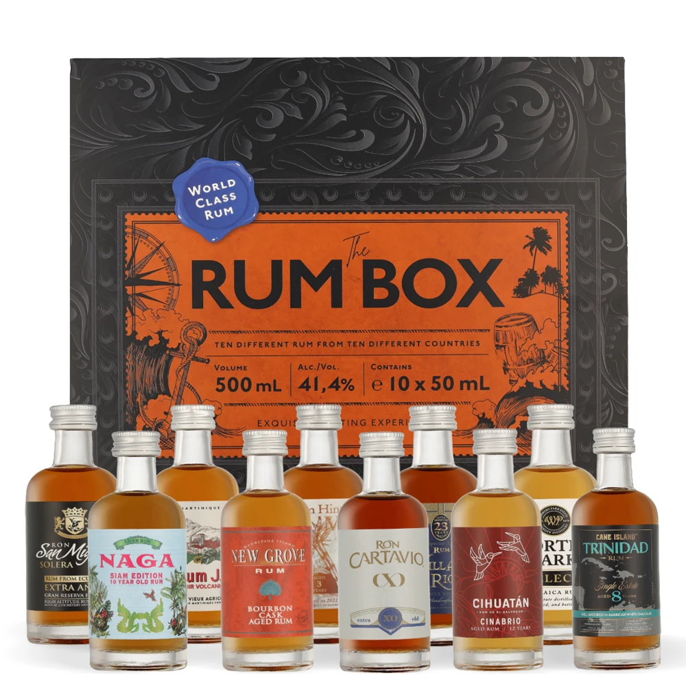 World Class Rums The Rum Box Blue Set 10x u elegantnoj plavoj kutiji s deset mini boca ruma pažljivo raspoređenih za degustaciju.