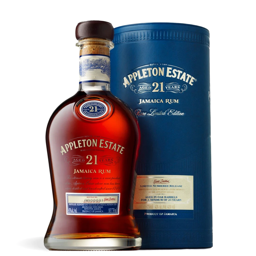 Appleton Estate 21 Years Old Rum 0,7 L prikazan uz plavu luksuznu kutiju s detaljima.