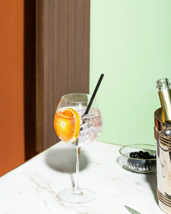 čaša gin tonika sa ukrasnom kriškom naranče i crna slamka