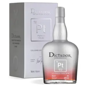 Dictador Platinum Colombian Aged Rum 0,7 L u elegantnoj prozirnoj boci modernog dizajna s minimalističkom etiketom i elegantnom srebrenom poklon kutijom