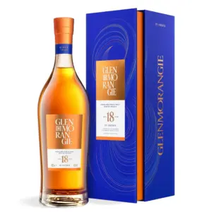 Glenmorangie The Infinita 18 Years Old 0,7 L u elegantnoj boci s jantarnom bojom i poklon kutijom luksuznog dizajna. plave boje