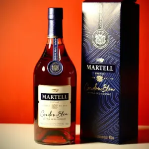 Boca Martell Cordon Bleu xo cognaca pokraj poklon kutije na crvenoj pozadini