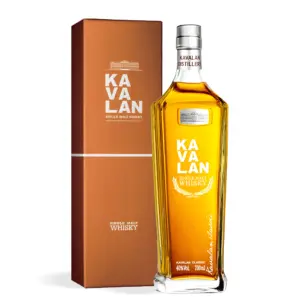 Kavalan Classic Single Malt Whisky 0,7 L u elegantnoj boci s jantarno zlatnom bojom i luksuznom kutijom.