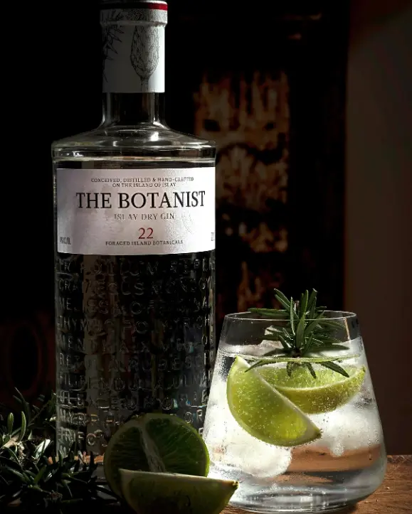 boca The Botanist gina kraj koje je čaša gin tonika ukrašena limetom i grančicom ružmarina