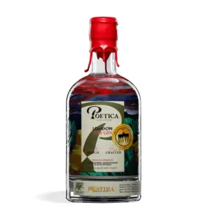 Poetica Olive Infused London Dry Gin 0,7 L u ručno oslikanoj prozirnoj boci s motivima maslinika i umjetničkom etiketom. ručno oslikava mladi vrgorački akademski slikar Ante Tolić. hrvatski gin