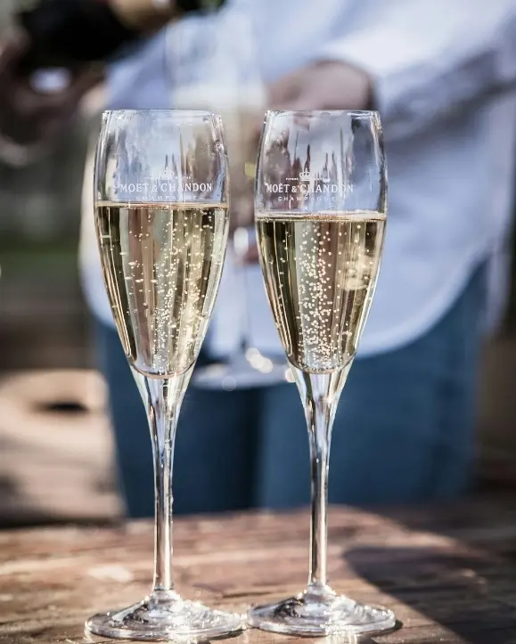 dvije čaše flute sa pjenušavim vinom, prosecco, cava ili champagne