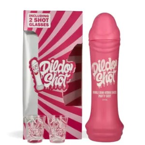 Dildo Shot Bubblegum Vodka Based 0,7 L s dvije čaše u poklon kutiji, aromatizirano piće na bazi votke s okusom žvakaće gume i 10% alkohola.